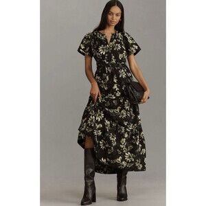 Anthropologie Maxi Dress Women Somerset Green Floral Cotton Preppy Vacay XS NWT